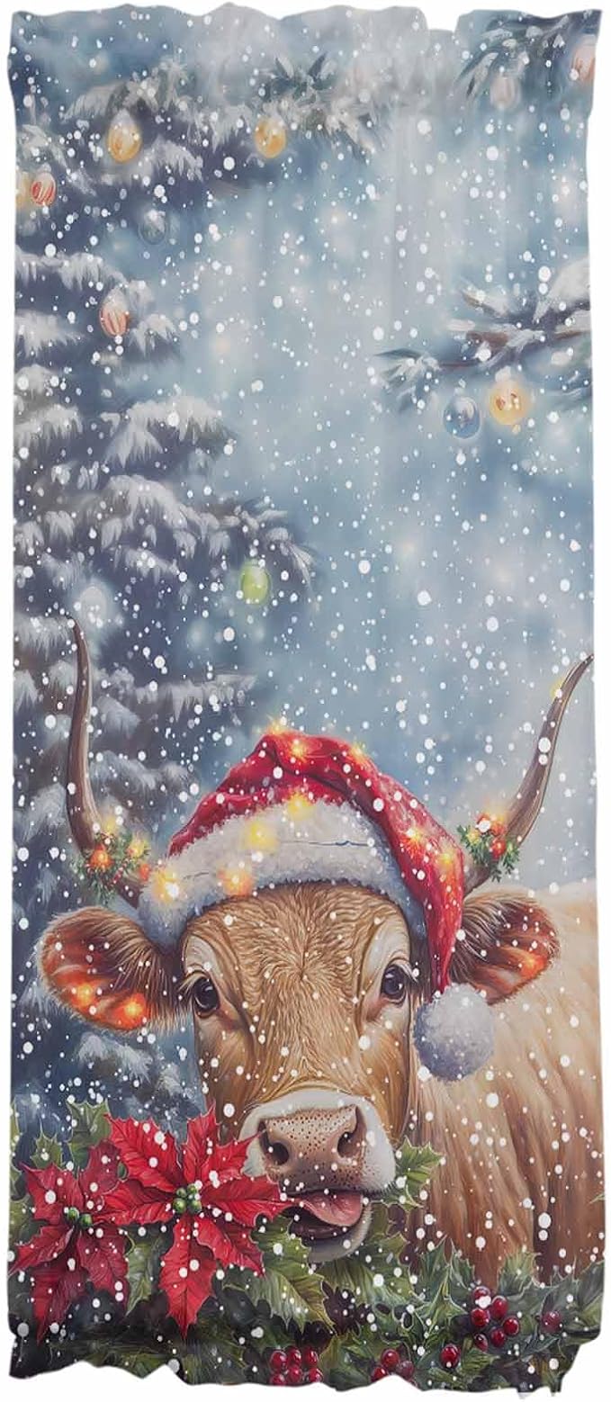 Christmas French Door Curtain Panel for Front Door, Christmas Winter Snow Santa Hat Cow Poinsettia Slidelight Door Curtains with Tieback Light Filtering Privacy Panels for Doorway Entryway 25"x 40"