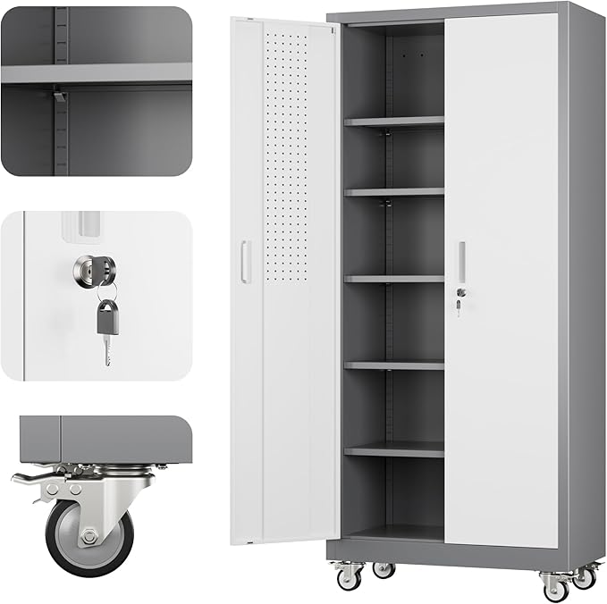 Reemoon 71" H Garage Storage Cabinet with Wheels, Lockable Metal Storage Cabinet with Doors,5 Adjustable Shelves and Pegboard for Garage Home Utility Room,Required Assembly,Grey&White