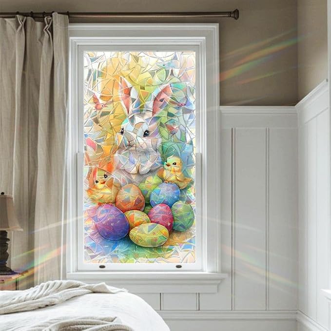 Easter Window Film Bunny Chick and Colorful Egg Design Decorative PVC Window Film for Home Kids Room Entryway Adds Festive Privacy and Soft Light Filtering