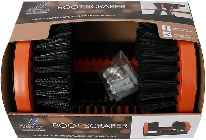 Zeluga 26-387 Portable Hardwood Construction and Metal Frame Boot Scraper and Scrubber, Indoor & Outdoor Shoe Cleaner Brush, Black/Orange