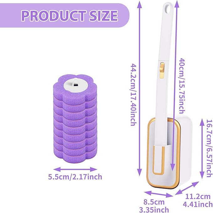 Disposable Toilet Brush, Toilet Brush Kit, Toilet Bowl Cleaning System, Long Handle Easy to Install for Bathroom Cleaning (White Cleaning Brush + 18 Purple Replacement Heads)