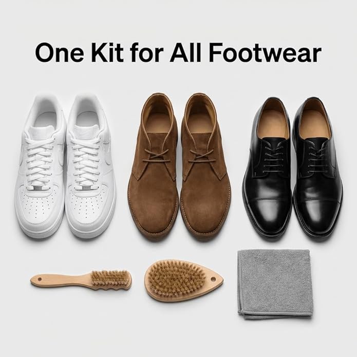 Shoe Cleaning Kit & Boot Brush, Soft Bristle 100% Pure Boar Hair Shoe Brush for Leather Boots & Sneakers, Premium Shoe Care Kit with Cotton Cloth for Gentle Cleaning & Polishing