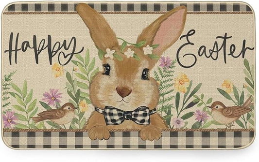 Happy Easter Door Mat Bunny Indoor Outdoor Holiday Decor Floor Entry Rug Outside Porch Front Door Entrance Soft Low Profile Doormat 16x24 Inch