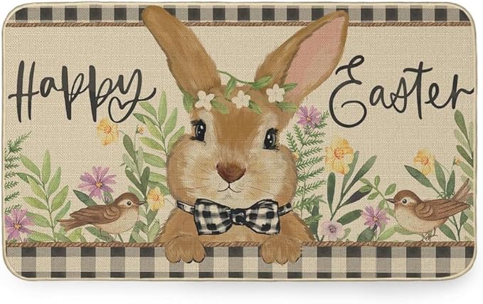 Happy Easter Door Mat Bunny Indoor Outdoor Holiday Decor Floor Entry Rug Outside Porch Front Door Entrance Soft Low Profile Doormat 20x32 Inch