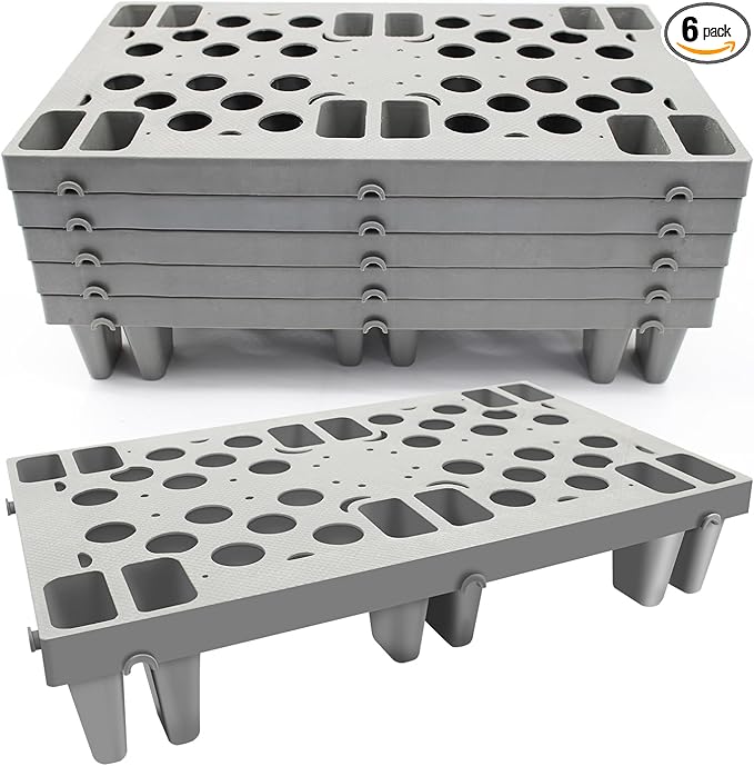 6pcs Gray Plastic Pallets, Lightweight Nestable Polyethylene Pallets, Moisture-Proof Floor Pallets, Mini Spliceable Plastic pallets for Basement Storage Kitchen Garages L 19.7" x W 11.8"x H 3.9"