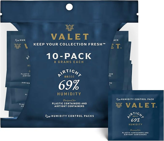 Valet 69% Two-Way Humidity Packs for Travel Containers, 10-Pack, 8g Each, Prevents Leaks and Controls Moisture with Natural Craft Paper Design, Resealable Bag