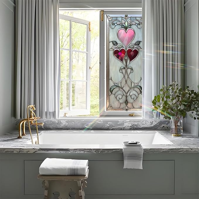 Window Film Heart Pattern Decorative Privacy Vinyl Window Film for Home Bathroom Bedroom Entryway Adds Soft Light Filtering and Romantic Style 17.3 x 39.4 Inch