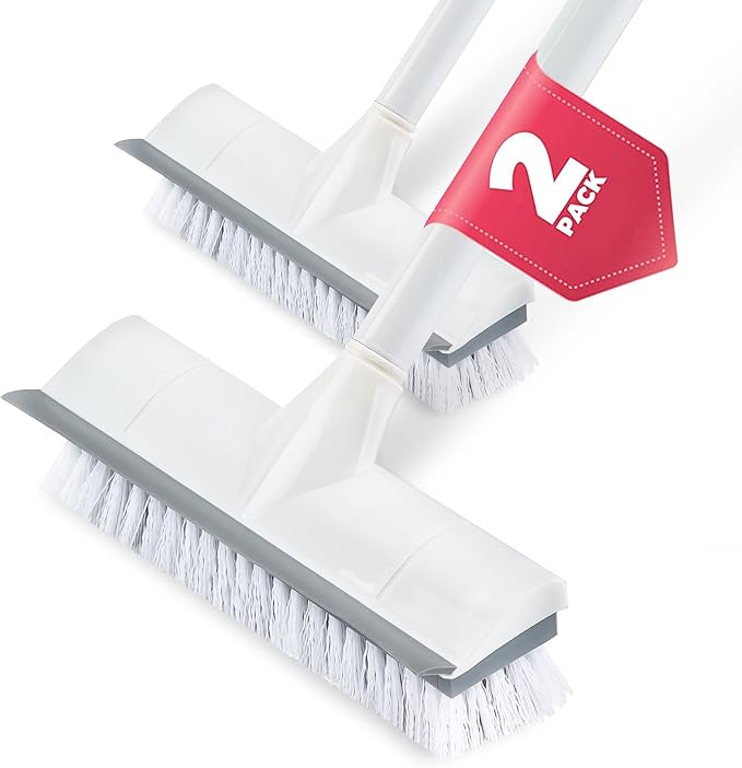 BOOMJOY 2 Pack Floor Scrub Brush with Long Handle, 2 in 1 Scrape and Brush, for Cleaning Deck, Tile, Grout, Kitchen, Patio, Garages
