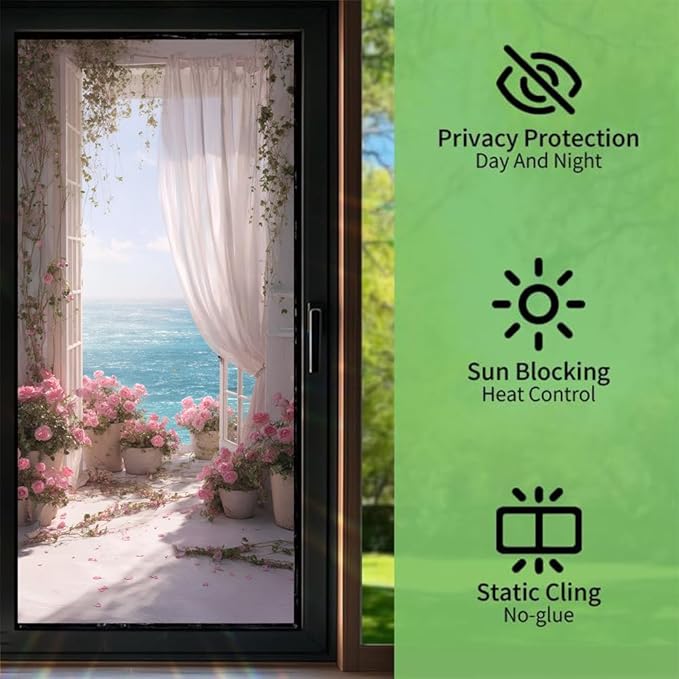 Window Privacy Film 17x39 Inch Coastal Balcony with Flowers and Ocean View Decorative Window Privacy Film Peel and Stick Static Cling for Glass Door and Home Windows