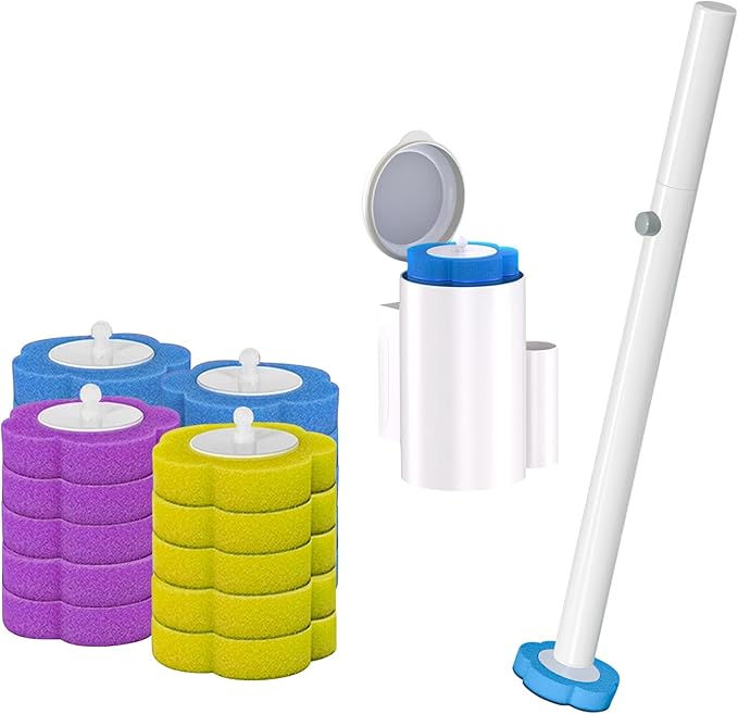 Disposable Toilet Brush Set with Holder, Angled Cleaning Wand with 24 Refill Heads, Wall-Mounted Hygienic Toilet Cleaner (Ocean, Lemon, Lavender Scents)