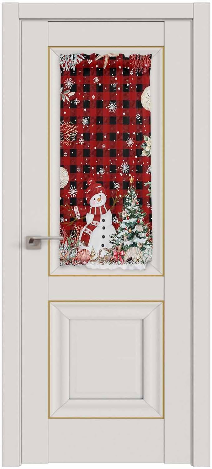 Christmas French Door Curtain Panel for Front Door, Red Striped Plaid Marine Life Xmas Tree Snowman Slidelight Door Curtains with Tieback Light Filtering Privacy Panels for Doorway Entryway 25"x 40"