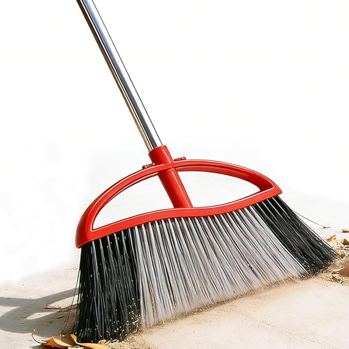 Commercial Heavy Duty Outdoor Broom, 15.7" Extra Wide Angle Broom with 4-Layer Stiff Bristles, Adjustable 38-53.5" Handle for Patio Garage Garden Yard Concrete (Red)