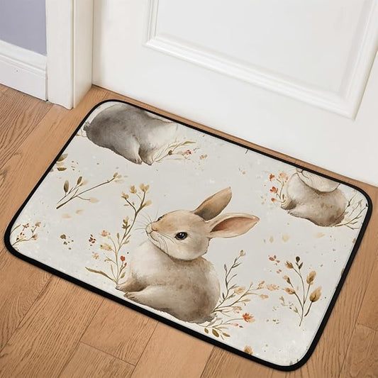 White Rabbit Easter Floral Bunny Wildflower Funny Doormat, Humorous Welcome Mat, Durable Front Door Rug, Entryway Decor 20x32Inch