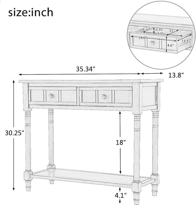 Knocbel 35.5 Inch Antique Entry Console Table with Drawers & Bottom Open Shelf, Solid Wood Sofa Couch Table for Entryway Hallway Living Room (Espresso)