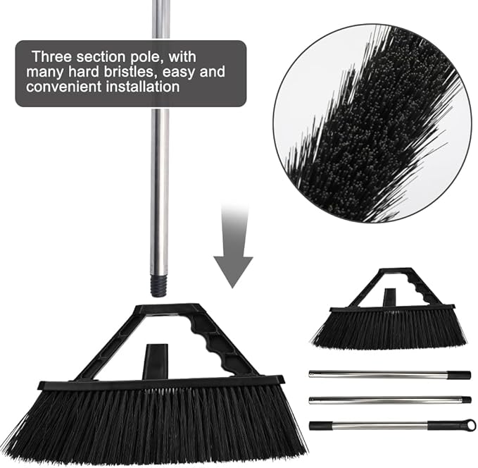 17.3 inch Push Broom Outdoor for Floor Cleaning, Heavy Duty Brush with Stiff Bristles,Outdoor Broom Patio Broom for Garage Deck Driveway Garage Yard (Black)