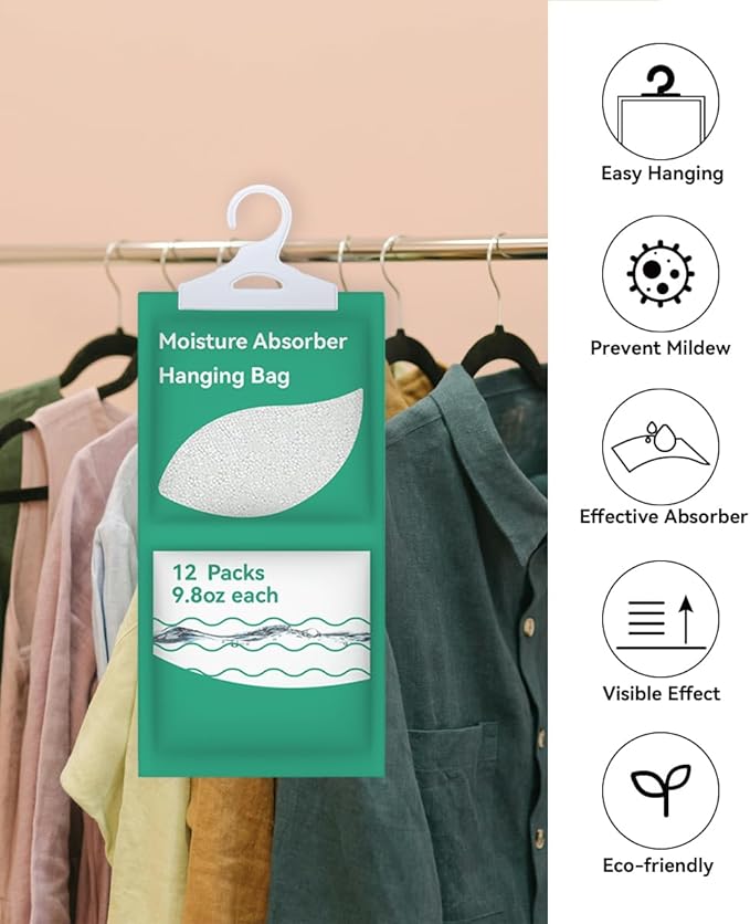 Moisture Absorbers Packets, Fragrance Free (12 Pack), Humidity Packs, Hanging Closet Dehumidifier Bags, Moisture Absorb 9.8OZ Hanging Bags for Bedroom, Kitchen, Basement, Storeroom, Study