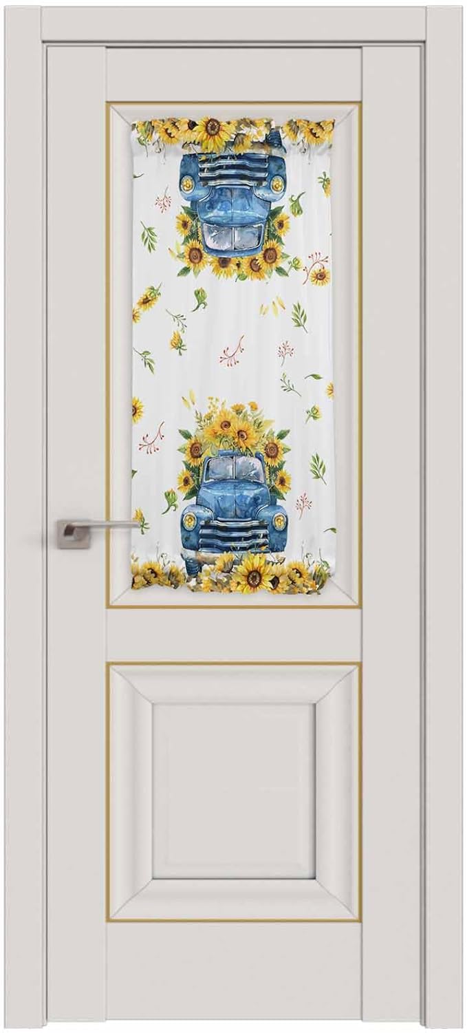 French Door Curtain Panel for Front Door Sunflower Blue Truck Summer Slidelight Door Curtains with Tieback Light Filtering Privacy Panels for Doorway Entryway 25"x 40"