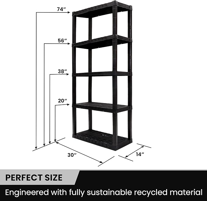 Oskar Heavy Duty Plastic Storage Shelves- for Garage, Kitchen, Bathroom Basement Kids Room, Stackable 5-Tier Black, Organizer Rack for Books Shoes, Toys, Pantry, Cleaning and Closet Organization