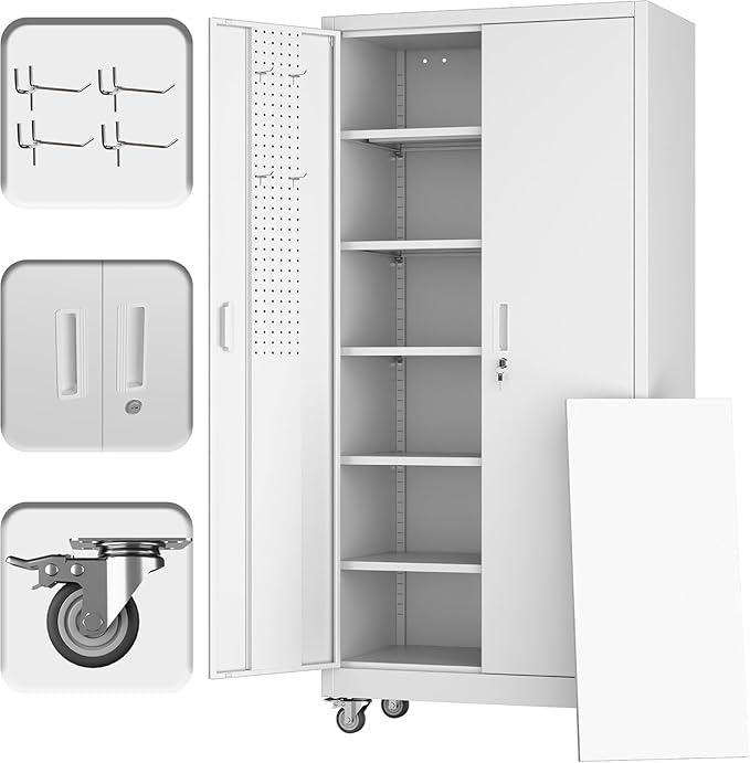 Reemoon Garage Storage Cabinet with Wheels and Pegboard, Metal Storage Cabinet with 5 Adjustable Shelves for Garage Warehouse Office Utility Room,Required Assembly,71" H×34" W×18" D,White