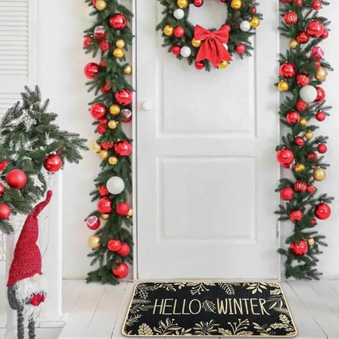 Hello Winter Door Mat Welcome Doormat, Winter Christmas Black Outdoor Rug Leaves Decor Floor Front Door Mat Non-Slip Entrance Mat for Home Kitchen Bathroom Decorations 17 X 29 Inch