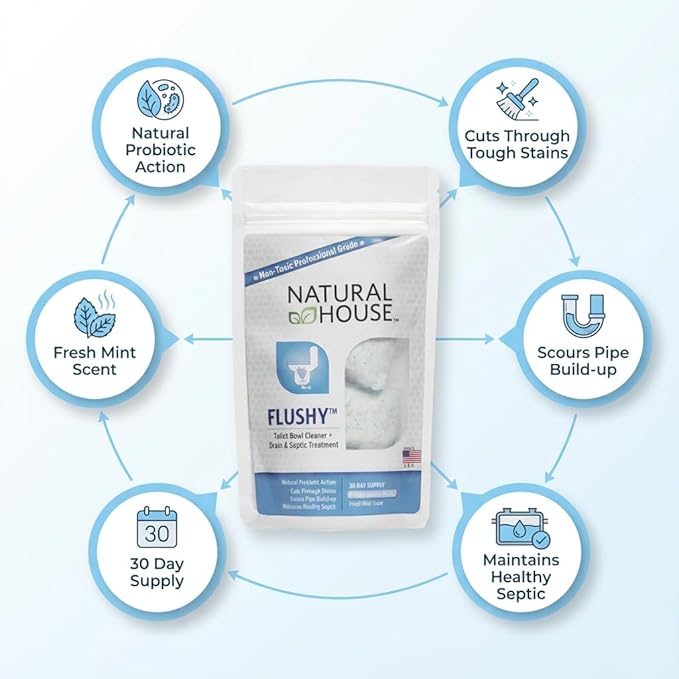 Natural House Flushy - Probiotic Toilet Bowl Cleaner Pods - Septic Safe - Removes Hard Water Stains - Fresh Mint Scent - 120 Pack