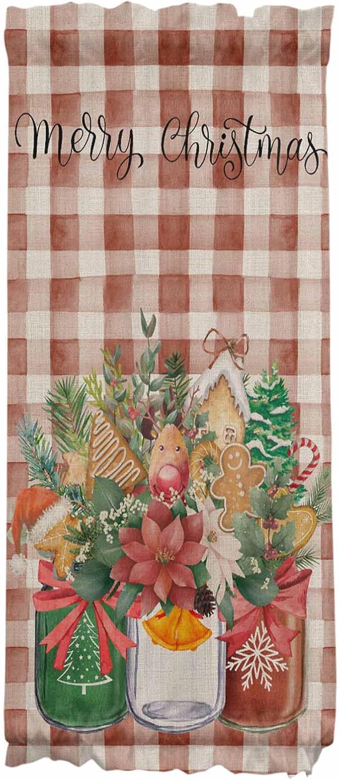 Christmas French Door Curtain Panel for Front Door, Xmas Floral Gingerbread Bottles Vintage Red Plaid Slidelight Door Curtains with Tieback Light Filtering Privacy Panels for Entryway 25"x 40"