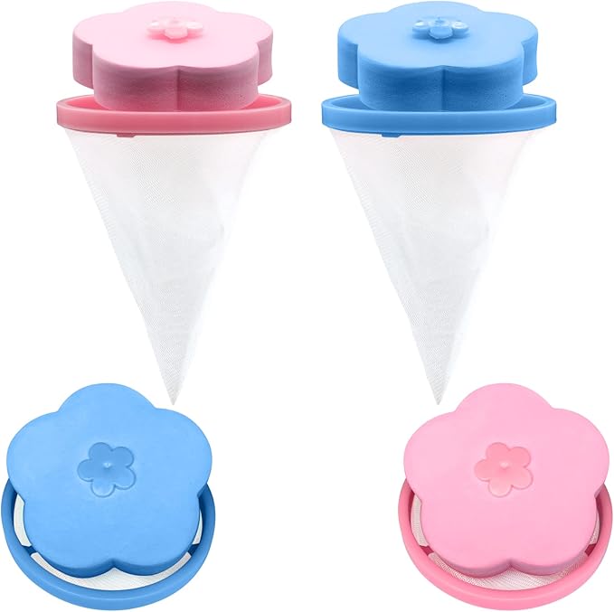 NEIJIANG Lint Catcher for Laundry,Pet Hair Remover for Laundry,Washing Machine Floating Lint Mesh Bag,Reusable Household Hair Filter Washer Lint Trap Net Pouch 4 Pieces (Blue，Pink)