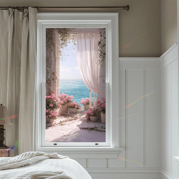 Window Privacy Film 17x39 Inch Coastal Balcony with Flowers and Ocean View Decorative Window Privacy Film Peel and Stick Static Cling for Glass Door and Home Windows