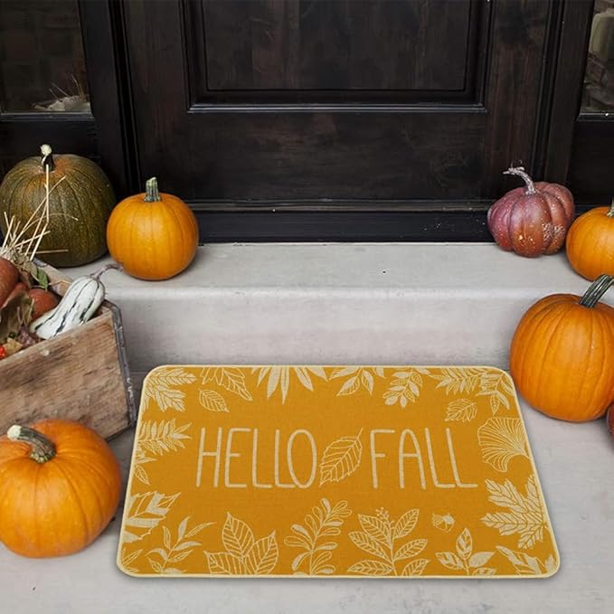 Hello Fall Door Welcome Mat,Autumn Thanksgiving Orange Outdoor Rug Leaves Decor Floor Non-Slip Entrance Mat for Home Kitchen Bathroom 17x29 Inch(Orange1)