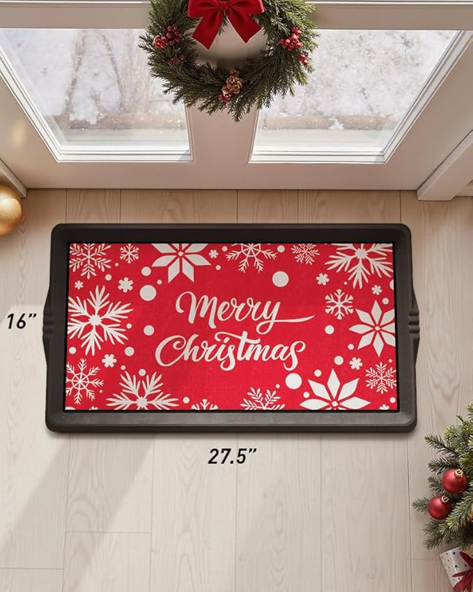 SUPENUIN Christmas Boot Tray Mat - Heavy Duty Snow & Water Catch Tray, Waterproof Rubber Shoe Mat with Lip for Entryway, Indoor & Outdoor Holiday Decor Storage (16"x27.5")