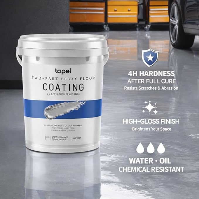 2-Part Epoxy Floor Coating Kit – Self-Leveling High Gloss Finish, Chemical & Abrasion Resistant Concrete Sealer for Garage, Basement & Workshop – 1.06 Gallon Covers 270 Sq Ft, Light Grey
