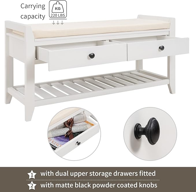 Knocbel Entry Storage Bench Shoes Rack with Cushioned Seat, 2 Drawers & Slatted Shelf, Living Room Entryway Hallway Foyer Shoe Bench Bedroom End of Bed Bench (White)