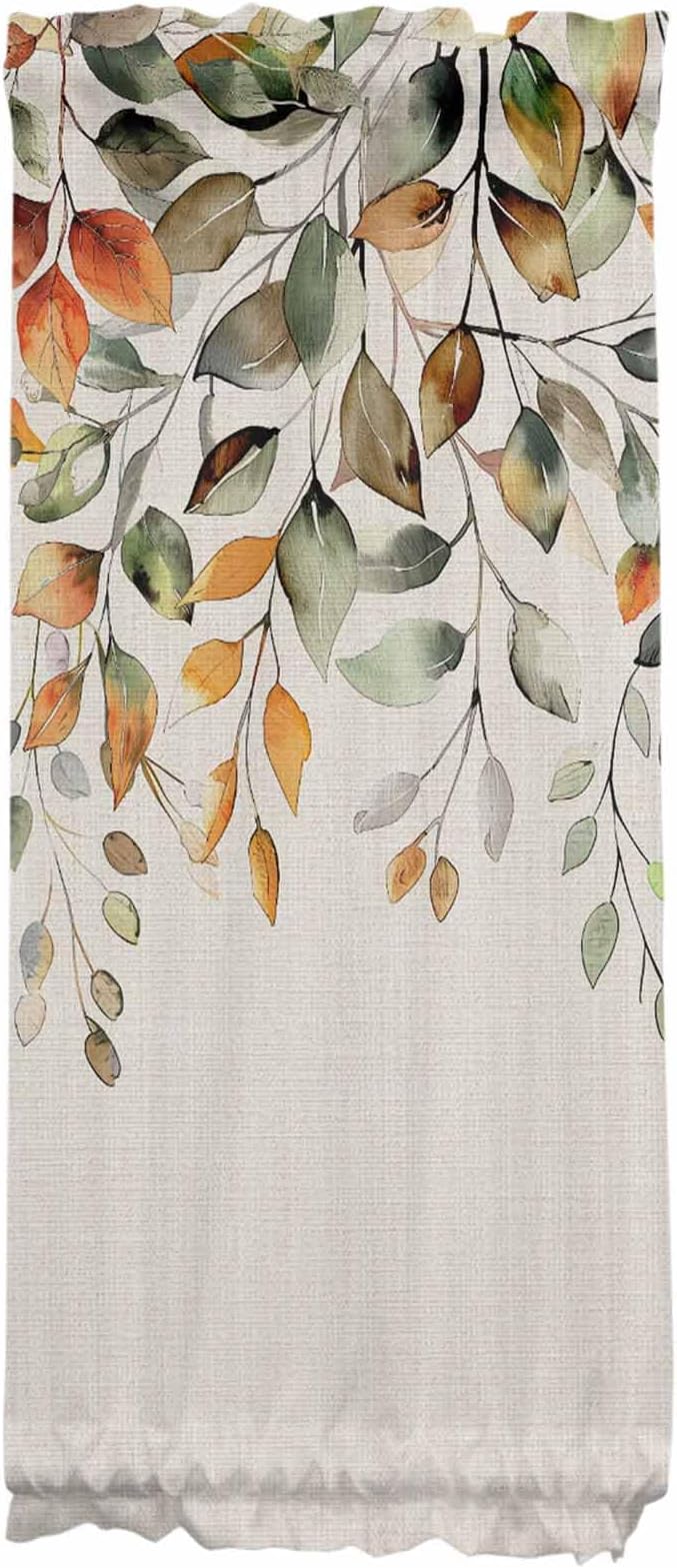 French Door Curtain Panel for Front Door, Plants Eucalyptus Leaves Orange Sage Green Fall Slidelight Door Curtains with Tieback Light Filtering Privacy Panels for Doorway Entryway 25"x 40"