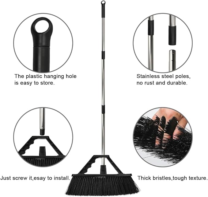 17.3 inch Push Broom Outdoor for Floor Cleaning, Heavy Duty Brush with Stiff Bristles,Outdoor Broom Patio Broom for Garage Deck Driveway Garage Yard (Black)