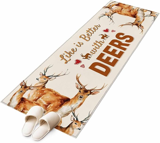 Beige Deer Runner Rug 2'x6', Wildlife Animals Rustic Farmhouse Elk Rustic Farmhouse Hallway Runner Rugs Washable Non-Slip Bedside Floor Mats Carpet for Kitchen Bedroom Laundry Room Bathroom