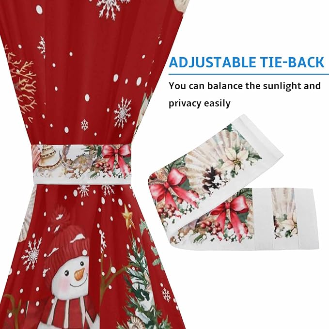 Christmas French Door Curtain Panel for Front Door, Marine Life Snowflake Christmas Tree Snowman Dark Red Slidelight Door Curtains with Tieback Light Filtering Privacy Panels for Entryway 25"x 40"