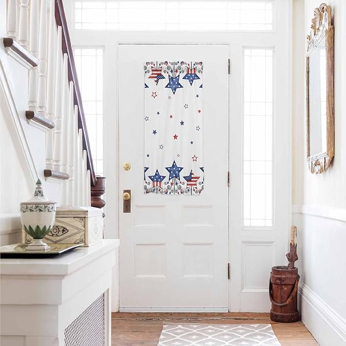 French Door Curtain Panel for Front Door, 4th of July Red Blue Stars American Flag Theme Slidelight Door Curtains with Tieback Light Filtering Privacy Panels for Doorway Entryway 25"x 40"
