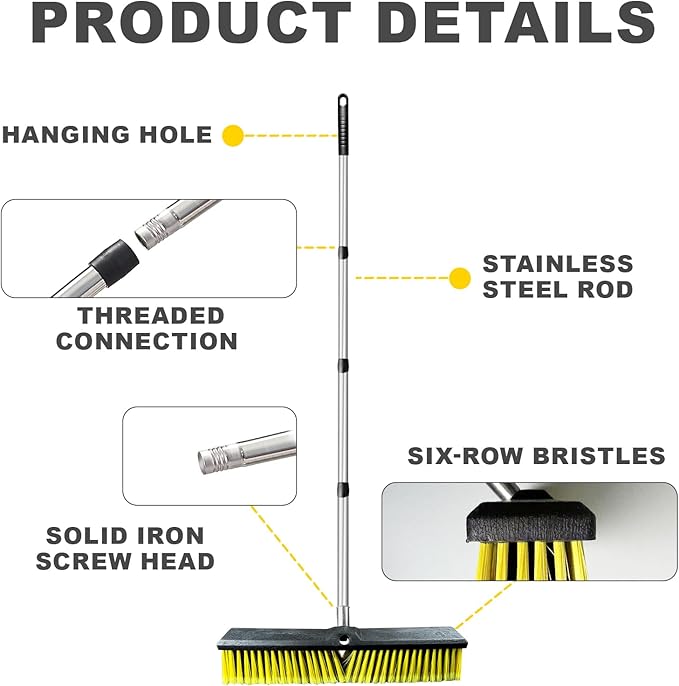 18 Inches Push Broom Outdoor - Heavy Duty Broom with 63" Long Handle for Deck Driveway Garage Yard Patio (Yellow)