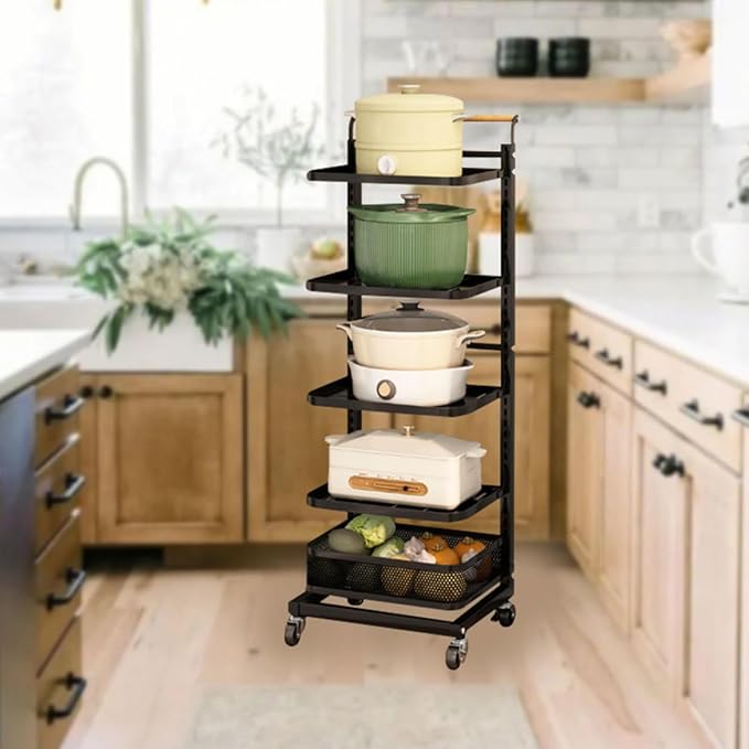 Black Pan Storage Drawer Cupboard nizer for Worktops Microwave Shelf Stand with Floor Stand and 5 Boards 3 Baskets