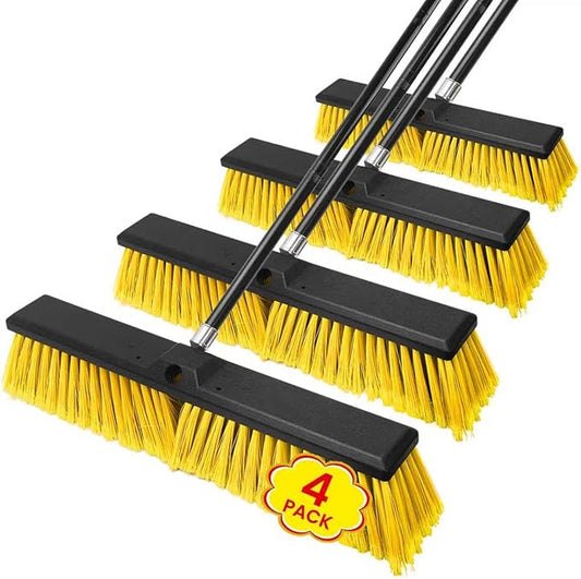 24 Inches Push Broom Outdoor，Commercial Broom Brush，Stiff Bristle Brush with 61.8 inches Long Handle for Patio Garage Deck Street Shop Warehouse Lawn Driveway -4 Pack
