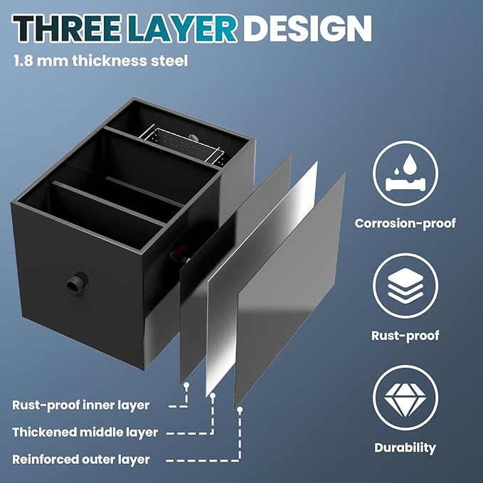 22 GPM Commercial Grease Trap, 60 Lbs Under Sink Grease Trap, Carbon Steel Grease Trap with Side Inlet, Grease Interceptor with Removable Mesh Filter for Oil-Water Separator