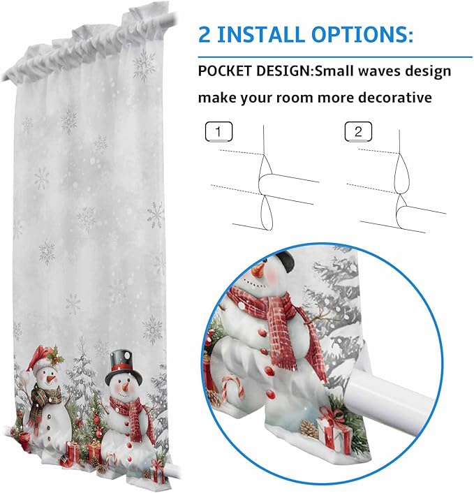 Christmas French Door Curtain Panel for Front Door, Christmas Gray Gradient Winter Falling Snow Snowman Slidelight Door Curtains with Tieback Light Filtering Privacy Panels for Entryway 25"x 40"