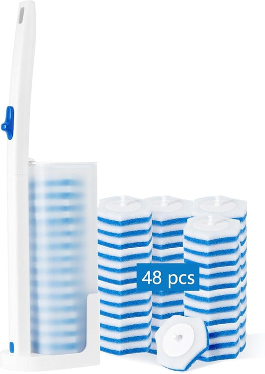 Disposable Toilet Brush Wand Kit with 48 Refills - No-Touch Hygienic Cleaning System, Long Handle Toilet Bowl Cleaner Set for Bathroom, White