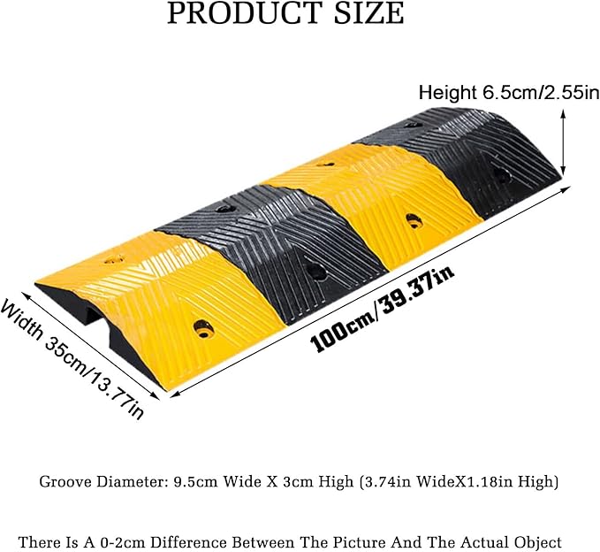 Rubber Speed Bumps with Cable Protectors Heavy Duty Modular Driveway Speed Ramp for Asphalt Concrete Traffic Lanes (100x35x6.5CM)