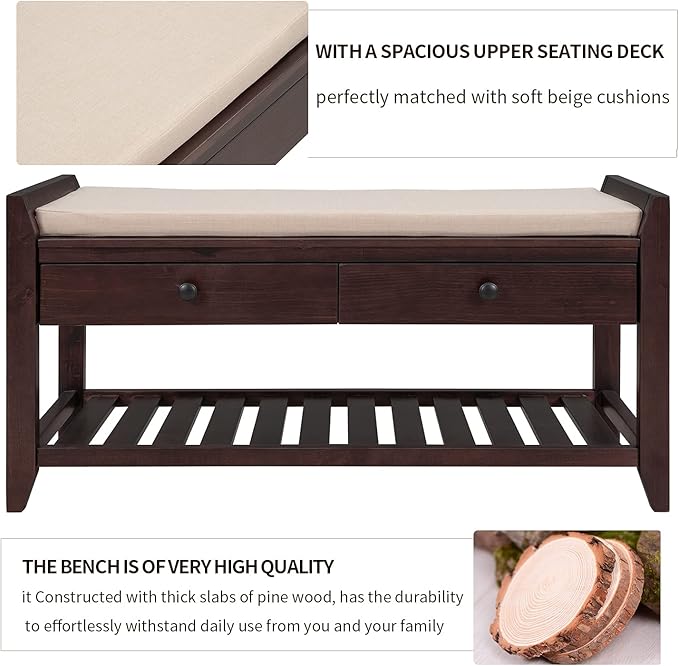 Knocbel Entry Storage Bench Shoes Rack with Cushioned Seat, 2 Drawers & Slatted Shelf, Living Room Entryway Hallway Foyer Shoe Bench Bedroom End of Bed Bench (Espresso 2-Drawer)