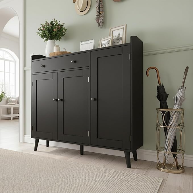 DIYART Black Large Shoe Cabinet fit up to Shoe Size 16, Shoe Storage Cabinet with 3 Doors and 1 Drawer, Wooden Shoe Organizer for entryway