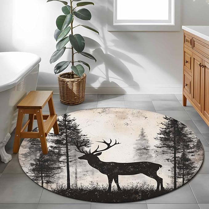 Elk Round Rug 3.3 Ft, Deer Silhouette Samll Area Rugs Washable Non Slip Indoor Floor Mats Circle Carpet for Living Room Bedroom Dining Room Home