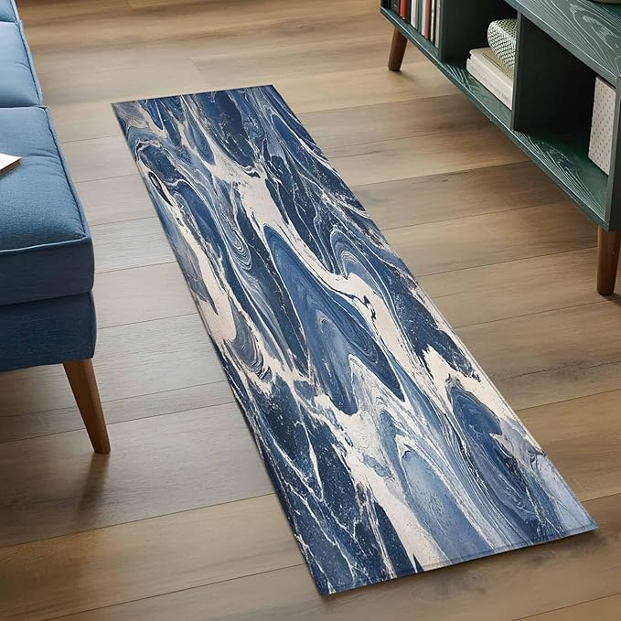 Impressionist Style Runner Rug 2'x6', White Blue Blurred Wash Hallway Runner Rugs Washable Non-Slip Bedside Floor Mats Carpet for Kitchen Bedroom Laundry Room Bathroom