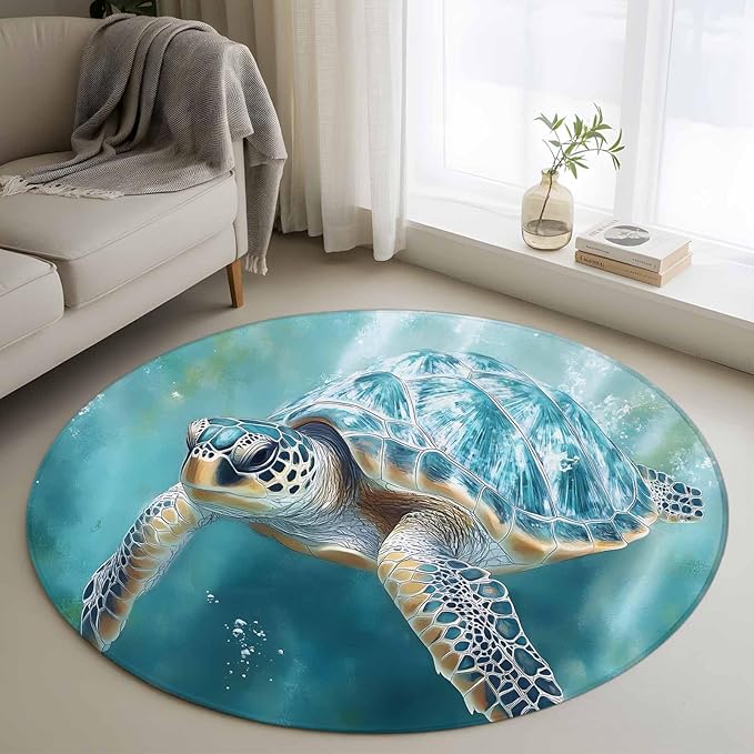 Marine Animal Round Rug 4 Ft, Ocean Turtle Modern Art Abstract Style Circle Area Rugs Washable Non Slip Indoor Floor Mats Carpet for Living Room Bedroom Dining Room Home Decor
