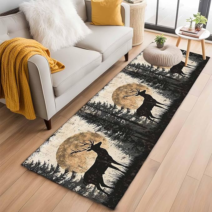 Deer Runner Rug 2'x6', Elk Silhouette Hallway Runner Rugs Washable Non-Slip Bedside Floor Mats Carpet for Kitchen Bedroom Laundry Room Bathroom
